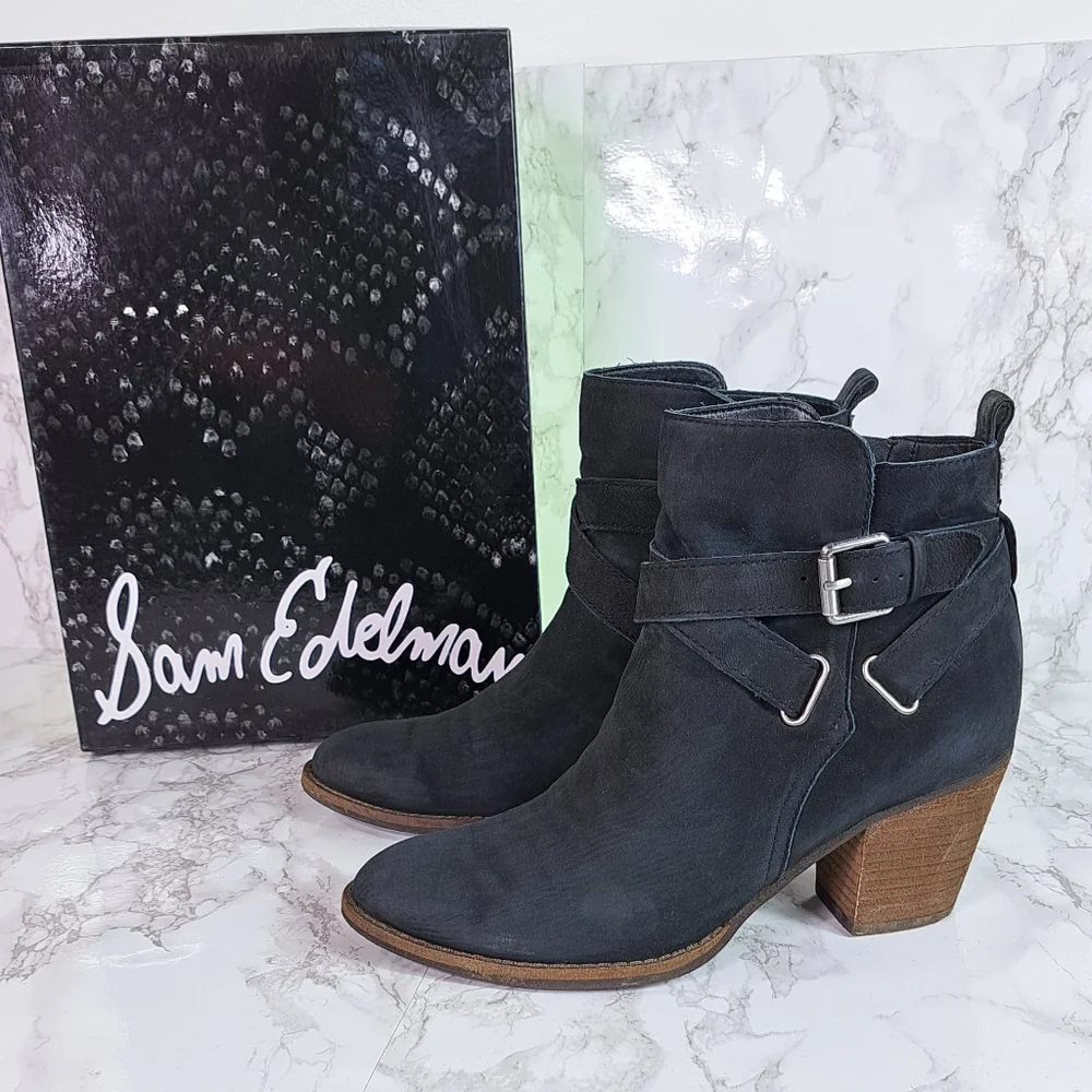 Sam Edelman Merton Black Suede Leather Zip Ankle Booties Size 7.5 - Picture 3 of 13